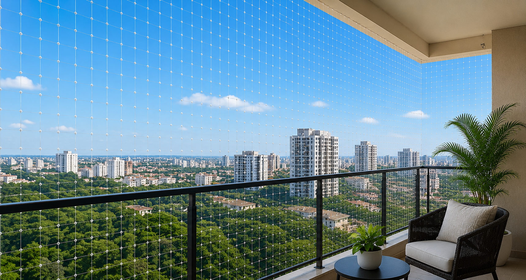 Balcony safety net installed for child and pet safety